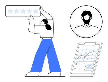 Beş yıldızlı bir not tutan kadın, profil portresi, panoda analitik çizelge. Geri bildirim, kalite, değerlendirme, markalaşma, performans, müşteri tecrübesi iş değerlendirmeleri için idealdir