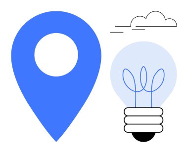 Mavi lokasyon iğnesi, parlayan bir ampul, kabartma teli ve minimum bulut. Yaratıcılık, yenilik, sürdürülebilirlik, navigasyon, strateji planlama keşfi için idealdir. Basit.