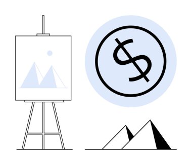 Geometrik çizimlerle resim sehpası, daire üzerinde dolar işareti, piramit şekilleri. Yaratıcılık, tasarım, sanat sektörü, ekonomi ve yatırım başarısı için ideal. Basit düz metafor
