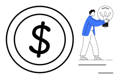 Kişi cesur bir dolar işareti çemberinin yanında bir ampul tutar, yaratıcılığı, finansal başarıyı ve yeniliği simgeler. İş, strateji, girişimcilik, yatırım ve ekonomi için ideal
