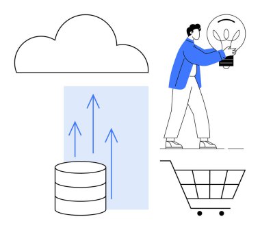 Bulut depolama, veri yığını, büyümeyi gösteren oklar, ampullü bir insan ve alışveriş arabası yenilik, analitik, büyüme ve dijital çözümleri ön plana çıkarıyor. Teknoloji işi için ideal.