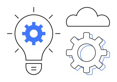 İç dişli ampul, bulut ve harici teçhizat yeniliği, teknoloji gelişimini, bulut hesaplamasını sembolize ediyor. Yaratıcılık, problem çözme, dijital dönüşüm, yapay zeka mühendisliği için ideal