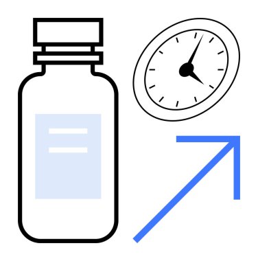 İlaç şişesi, saat ve yükselen ok sağlık gelişimini, zaman verimliliğini ve ilerlemeyi bildirir. Sağlık hizmetleri, tedavi başarısı, üretkenlik, büyüme yeniliği sadeliği için idealdir