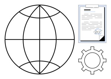 Uluslararası ulaşım için küresel sembol, veri yönetimi için belge içeren pano ve süreç optimizasyonu için çark. Küresel iletişim, iş akışı, yönetim araçları, sistemler için ideal