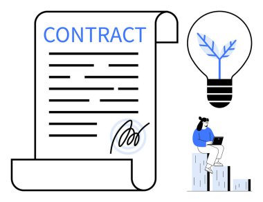 İmzalı sözleşme, yaprak sembollü ampul, dizüstü bilgisayarda oturan profesyonel. İş için ideal, anlaşmalar, hukuk, yenilik, yenilenebilir enerji, karar verici basit düz metafor