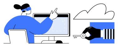 Bulut veri yönetimi için sanal gerçeklik arayüzü kullanan ve güvenli dijital erişimi sembolize eden anahtar. Siber güvenlik, bulut hesaplama, çevrimiçi güvenlik, teknoloji, dijital mahremiyet için ideal