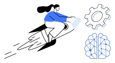 Dişli ve sinirsel ağ beyninin yakınındaki bir rokette hızlanan kadın, yenilik, teknoloji, ilerleme, yaratıcılık, problem çözme, bilimsel keşif ve profesyonel büyümeyi ön plana çıkarıyor. İdeal