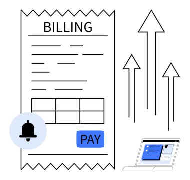 Fatura faturası ödeme çanı simgesi, Ödeme tuşu, dizüstü bilgisayar ve büyümeyi simgeleyen yukarı doğru oklar. Finans, teknoloji, ödeme, iş başarısı, muhasebe yönetimi için ideal basit