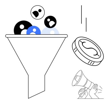 Kullanıcı profillerini gelir sembolüne filtreleyen huni, megafon sosyal yardımı sembolize ediyor. Pazarlama, satış, dönüşüm, ROI, hedef kitle, reklam stratejileri, basit düz metafor