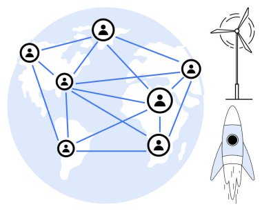 İnsanlar küresel olarak bir harita üzerinde birbirleriyle bağlantılı, yenilenebilir enerjiyi simgeleyen rüzgar türbini ve yeniliği temsil eden roket. Sürdürülebilirlik, takım çalışması, teknoloji, büyüme, işbirliği ve gelecek için ideal