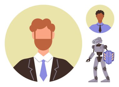 Resmi giyinmiş erkek iş adamları ve kalkanlı fütürist bir robot, iş yerlerindeki insan ve yapay zeka sinerjisini vurguluyor. Yenilik için ideal, takım çalışması, iş gücü evrimi, çeşitlilik