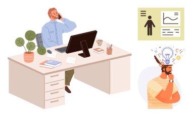 Bilgisayarı, telefonu ve bitkileri olan kişi raporları analiz ediyor. Gömülü kavramlar beyin fırtınası ve yaratıcılığı içerir. İş yeri, iş yeri, yenilik, planlama analiz teknolojisi için ideal