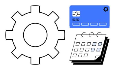 Gear ilerlemeyi gösterir, kart finansal faaliyetleri gösterir, takvim de takvimi temsil eder. Yönetim, otomasyon, finans, organizasyon, strateji planlama verimliliği için ideal. Basit bir daire.
