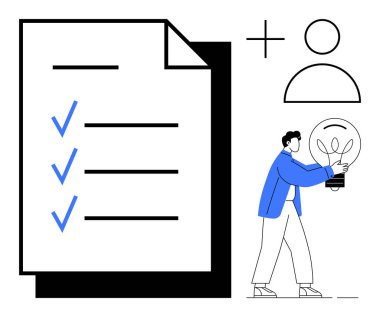 Parlayan bir ampul, artı işareti ve kullanıcı simgesinin yanında mavi işaretli kontrol listesi. Takım çalışması, fikir üretimi, planlama, üretkenlik, görev yönetimi, yenilik için ideal basit