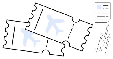 Uçak biletleri uçuş ikonları ve okla güçlendirilmiş bir belge ile kesişti. Seyahat, rezervasyon, turizm, tatil planlama, havacılık, küresel seyahatler ve hareketlilik için ideal. Basit düz metafor