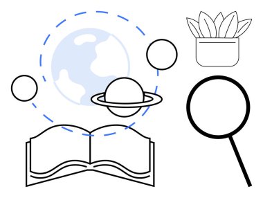 Gezegenler, Dünya, saksı bitkisi ve ilham verici keşif, eğitim, bilim, sürdürülebilirlik, keşif, yaratıcılık araştırmaları ve basit düz metafor içeren açık bir kitap.