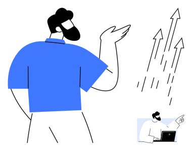 Kendine güvenen konuşmacı, büyümeyi gösteren yukarı doğru hareket eder. Inset figürü dizüstü bilgisayarda çalışıyor. İş, eğitim, strateji, yenilik, verimlilik, liderlik motivasyonu için idealdir. Basit.