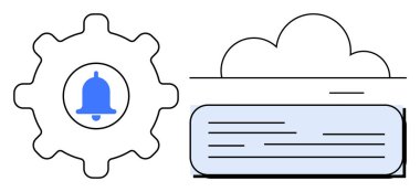 Uyarı ayarlarını, veri senkronizasyonunu veya bulut mesajlaşmasını temsil eden bir bulut ve metin kutusunun yanında bir çan simgesi ile donanım. Teknoloji, otomasyon, iletişim, bulut hizmetleri için ideal