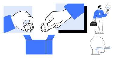 Bir kutuya dolar ve bitcoin para koyan eller, içinde parlak bir fikir ampulü olan evrak çantası taşıyan iş adamı ve insan nefesi akışını gösteren profil. Finans, yenilik, kripto para birimi için ideal
