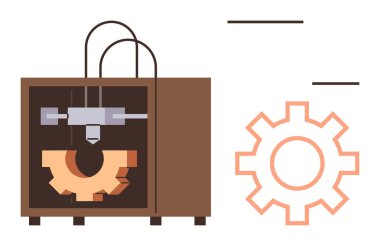 3D yazıcı kahverengi kaplama içinde turuncu teçhizat üretiyor. Teknoloji, yenilik, endüstri, mühendislik, yaratıcılık ve gelecek kavramları üretmek için idealdir. Basit.