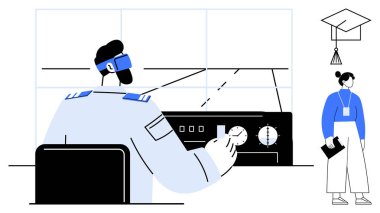 Pilot eğitim düzeninde uçuş simülatörü teçhizatını eğitici materyallerle gözlemlemek için kullanıyor. Eğitim, havacılık eğitimi, beceri geliştirme, kariyer büyümesi, teknoloji ve akıl hocalığı için ideal