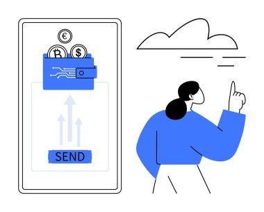 Bitcoin, Euro, Dollar ve Send tuşlu dijital cüzdan transfer simgesi. Kadın bulutu ve fikri işaret ediyor. Fintech, kripto para birimi, engelleme zinciri yenilik ödeme finans geleceği için idealdir. A