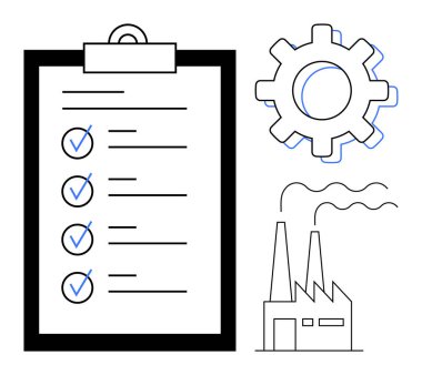 Tamamlanmış görevleri olan kontrol listesi, duman yayan endüstriyel fabrika, süreçleri ve sistemleri sembolize eden ekipman. Kalite kontrol, üretim planlama, imalat, endüstriyel verimlilik için ideal