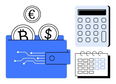 Bir hesap makinesi ve takvimin yanında Bitcoin, Dollar ve Euro bozuklukları bulunan dijital cüzdan. Finans, kripto para birimi, bütçe, yatırım, engelleme zinciri muhasebe ve tasarruf kavramları için ideal