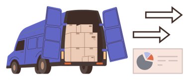 Kutularla dolu mavi minibüs, nakliye akışını sembolize eden oklar ve lojistik ölçümler için pasta grafiği. Teslimat, e-ticaret, lojistik, veri analizi, iş verimliliği, ulaşım için ideal