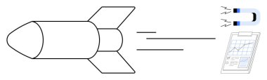 Roket ileri fırlatılıyor, mıknatıs elementleri çekiyor, analitiği olan bir pano. Yenilik, strateji, başarı, büyüme, teknoloji motivasyon planlaması için idealdir. Basit bir düz metafor.