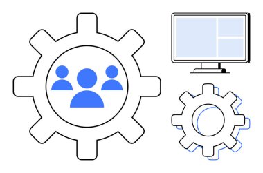 İnsanlar bilgisayar ekranının yanında takım çalışmasını, teknolojiyi ve süreci sembolize eden ikonlar oluşturuyor. İşbirliği, iş akışı, yazılım, sistem, yenilik üretkenliği için ideal basit düz