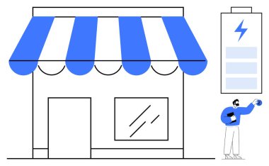 Çizgili tenteli küçük bir dükkan önü, elinde cihaz olan bir adam ve büyük bir pil ikonu. Enerji, perakende, teknoloji, çevre dostu işletmeler, sürdürülebilirlik, kentsel yaşam tarzı için ideal düz düz