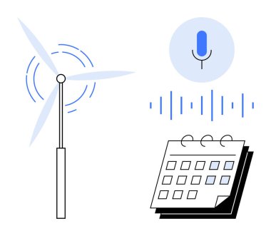 Temiz enerjiyi simgeleyen rüzgar türbini ses teknolojisi için ses dalgalı mikrofon ve planlama takvimi. Yenilik için ideal, sürdürülebilirlik, teknoloji, organizasyon, yenilenebilir enerji