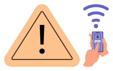 Geniş bir uyarı üçgeni. Yanında ünlem işareti var. Kablosuz sinyalle akıllı telefonun kilidini açan bir el var. Güvenlik alarmı, dijital güvenlik, kullanıcı kimlik denetimi, uygulama riskleri ve uyarı için ideal