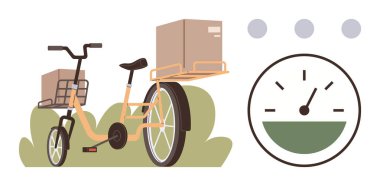 Kargo bisikleti teslimat için kutularla çevrili, yeşilliklerle çevrili. Hız göstergesi simgesi hız ve verimliliği simgeler. Lojistik, sürdürülebilirlik, eko-ulaşım, yenilik, zaman ve teslimat için ideal
