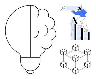 Yarım beyin ampulü, engelleme ağı, harita oklarındaki veri trendlerini araştıran adam. Teknoloji, yenilik, yapay zeka, veri analizi, büyüme araştırmaları için ideal. Basit.