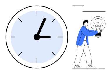 İşaretli saatleri ve dakikası olan büyük bir saat. Elinde parlak bir ampul tutan adam fikirleri sembolize ediyor. Zaman yönetimi için ideal, üretkenlik, yaratıcılık, verimlilik, yenilik, planlama, basit düz