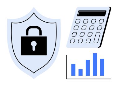 Kilit vurgulama güvenlikli kalkan, finansmanı sembolize eden hesap makinesi ve veri analizi için çubuk grafiği. Siber güvenlik, fintech, istatistik, şifreleme, veri güvenliği, analitik sektörü için ideal
