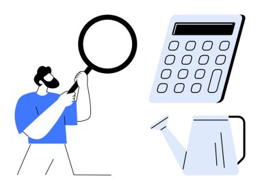 Hesap makinesi ve sulama kutusunu inceleyen büyüteç tutan kişi, analizi, finansal planlamayı, büyümeyi, verimliliği, sürdürülebilirliği, öğrenmeyi ve karar vermeyi sembolize eder. Basit için ideal