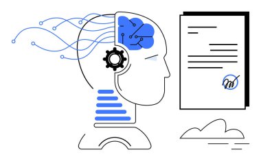 Bir belgeye bağlı sinirsel veri akışına sahip gelecekçi yapay zeka başı. Teknoloji, otomasyon, makine öğrenimi, yenilik, veri bilimi, bilgi işleme için ideal, basit düz metafor