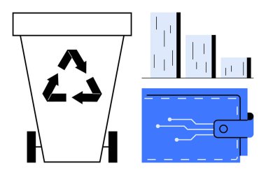 Sürdürülebilirlik okları olan geri dönüşüm kutusu, devreli dijital cüzdan, veri gösterme eğilimleri gösteren bar tablosu. Eko-teknoloji, finans, atık yönetimi, teknoloji büyümesi, çevre, dairesel ekonomi için ideal
