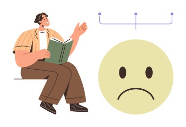 Elinde kitap jestleri tutan bir adam, üzgün bir yüz ifadesi ve bağlantı grafiği eşliğinde. Eğitim, duygular, iletişim, psikoloji, yansıma, zihinsel sağlık beyin fırtınası için ideal. Basit düz