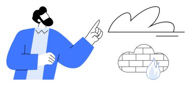 Sakallı adam bir bulut ikonu ve güvenlik duvarı sembollerine doğru hareket eder. Siber güvenlik, bulut bilgisayarı, veri güvenliği, bilişim çözümleri, teknoloji, ağ oluşturma ve çevrimiçi koruma için ideal. Basit düz