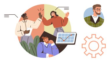 Meslektaşlar fikir paylaşıyor, tabletteki veri grafiğini analiz ediyor, başarıları beşlikle kutluyorlar. Takım çalışması, başarı, işbirliği, planlama, büyüme stratejisi iletişimi için ideal. Basit.