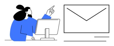 Masaüstü ekranı ile etkileşime giren kadın büyük zarf gösteriyor, iletişimi, bildirimleri ve teknolojiyi vurguluyor. E- posta yönetimi, verimlilik, dijital etkileşim, takım çalışması için ideal