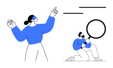 Kadın jest yapıyor ve erkek büyüteçle diz çöküyor, işbirliğini, keşfi, problem çözmeyi vurguluyor. Takım çalışması için ideal, analiz, yaratıcılık, araştırma, keşif yeniliği basit düz