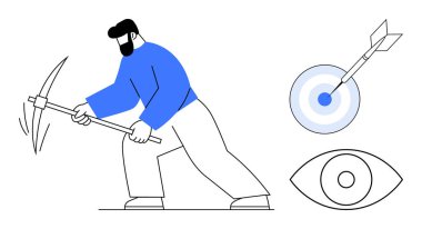 Kazmayı madencilik faaliyeti için kullanan bir adam, yanında bir hedef ve bir göz sembolü var. Odaklanma, vizyon, başarı, sıkı çalışma, hedef belirleme, kesinlik için ideal. Basit düz metafor