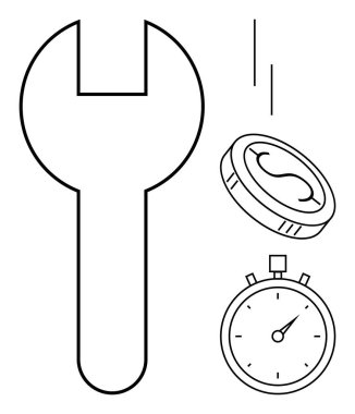 İngiliz anahtarı, bozuk para ve kronometre üretkenlik, onarım, bütçe ve zaman yönetimi kavramlarını iletir. İş, finans, verimlilik, bakım kaynakları için ideal iş akışı sade düz