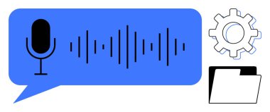 Mikrofon, ses dalgası, dişli ve klasör simgeleri ses tanıma, veri depolama, dosya yönetimi ve dijital otomasyonu sembolize eder. Yapay zeka ve teknoloji veri organizasyonu UX için ideal