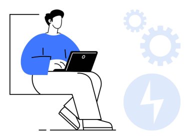 Dizüstü bilgisayarla oturan kişi işi simgeler. Dişliler ve yıldırımlar yenilik, üretkenlik, teknoloji, öğrenme ve verimliliği vurguluyor. İş için ideal, uzak çalışma, eğitim enerjisi